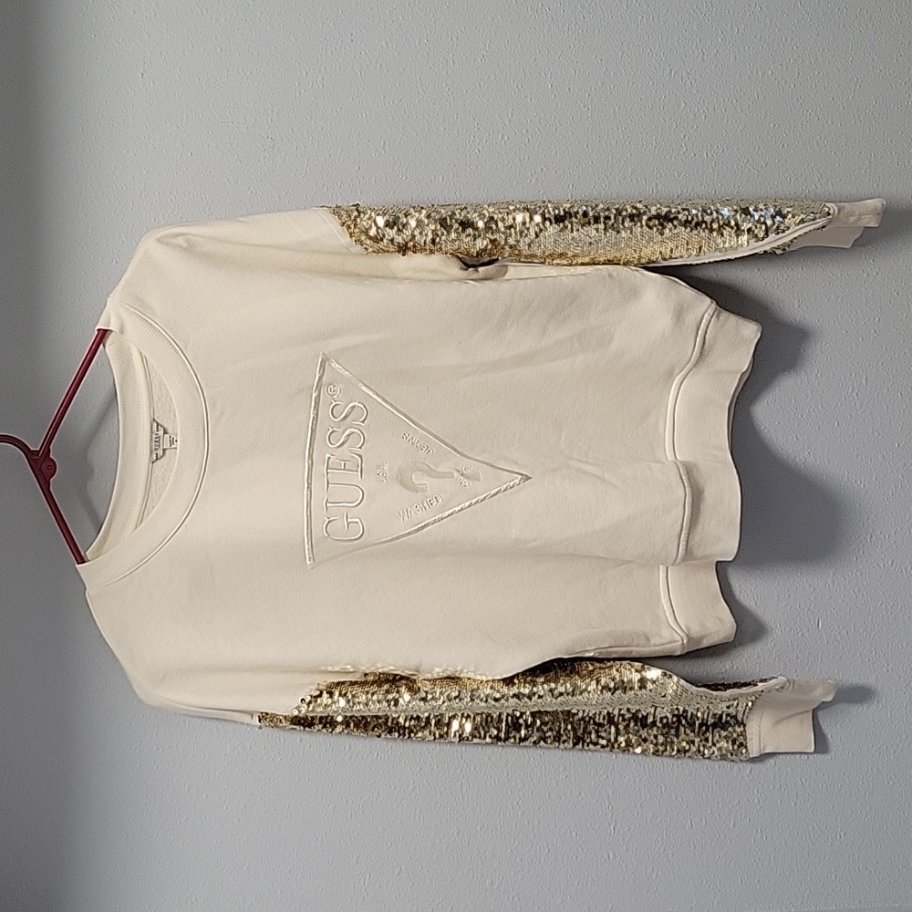 Guess White and Gold Sequin Sleeve Sweater